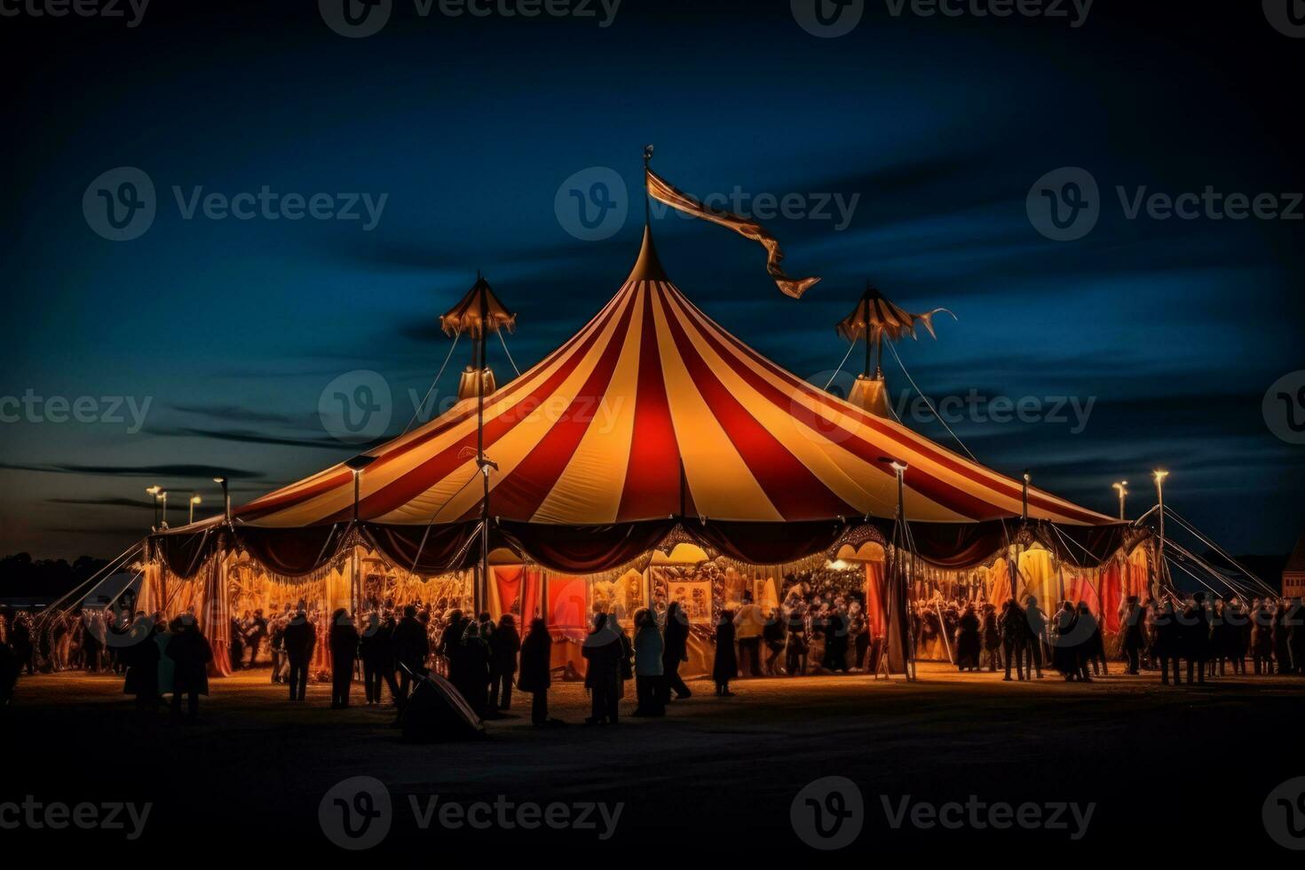 Magical Circus Tent Illuminated at Dusk with Spectators Gathered in Anticipation. Generative AI photo