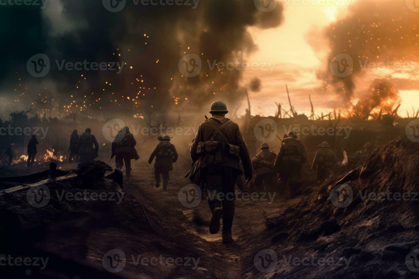 Group of soldiers in action, advancing through a war-torn landscape, showcasing the bravery and camaraderie of the troops. Generative Ai photo