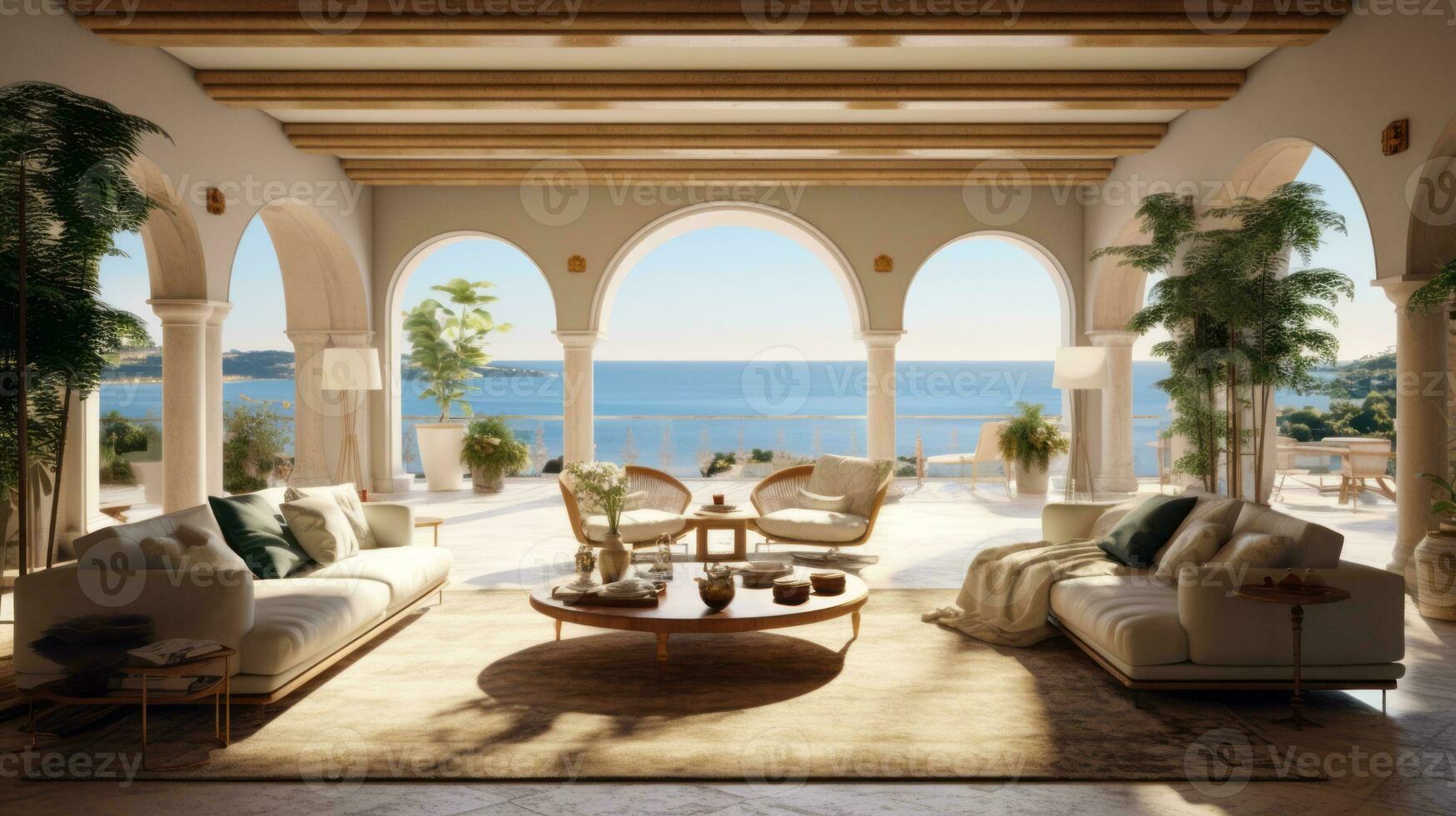 Spacious living room in a luxury Spanish-style villa, adorned with