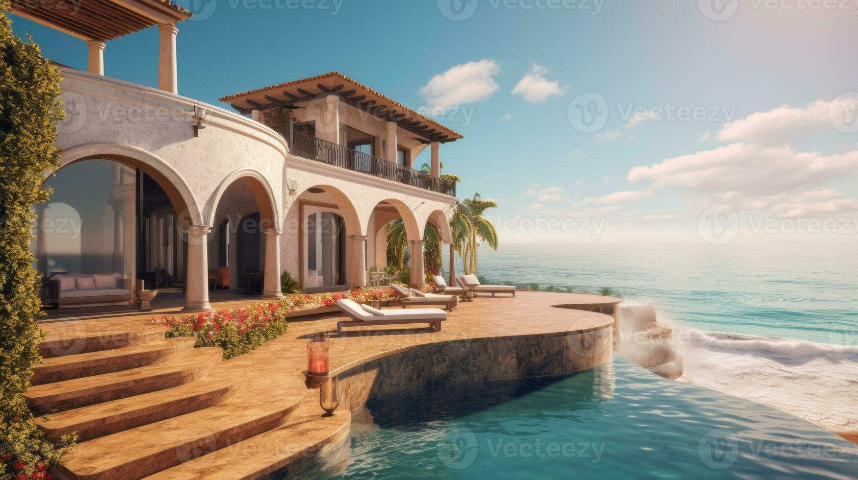 Elegant Spanish-style villa with a private path leading directly to the sandy shores, boasting beautiful terraces, colorful tiles, and a pristine infinity pool. Generative Ai photo