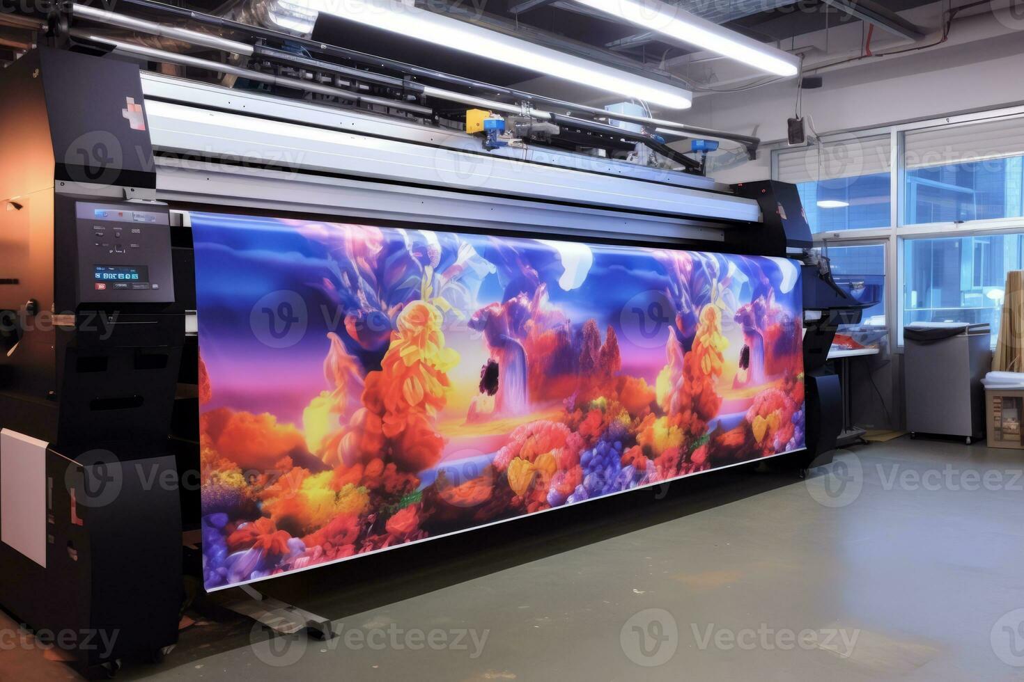 Ultra Wide-format inkjet printer printing machine during production of extreme large print. Generative Ai photo