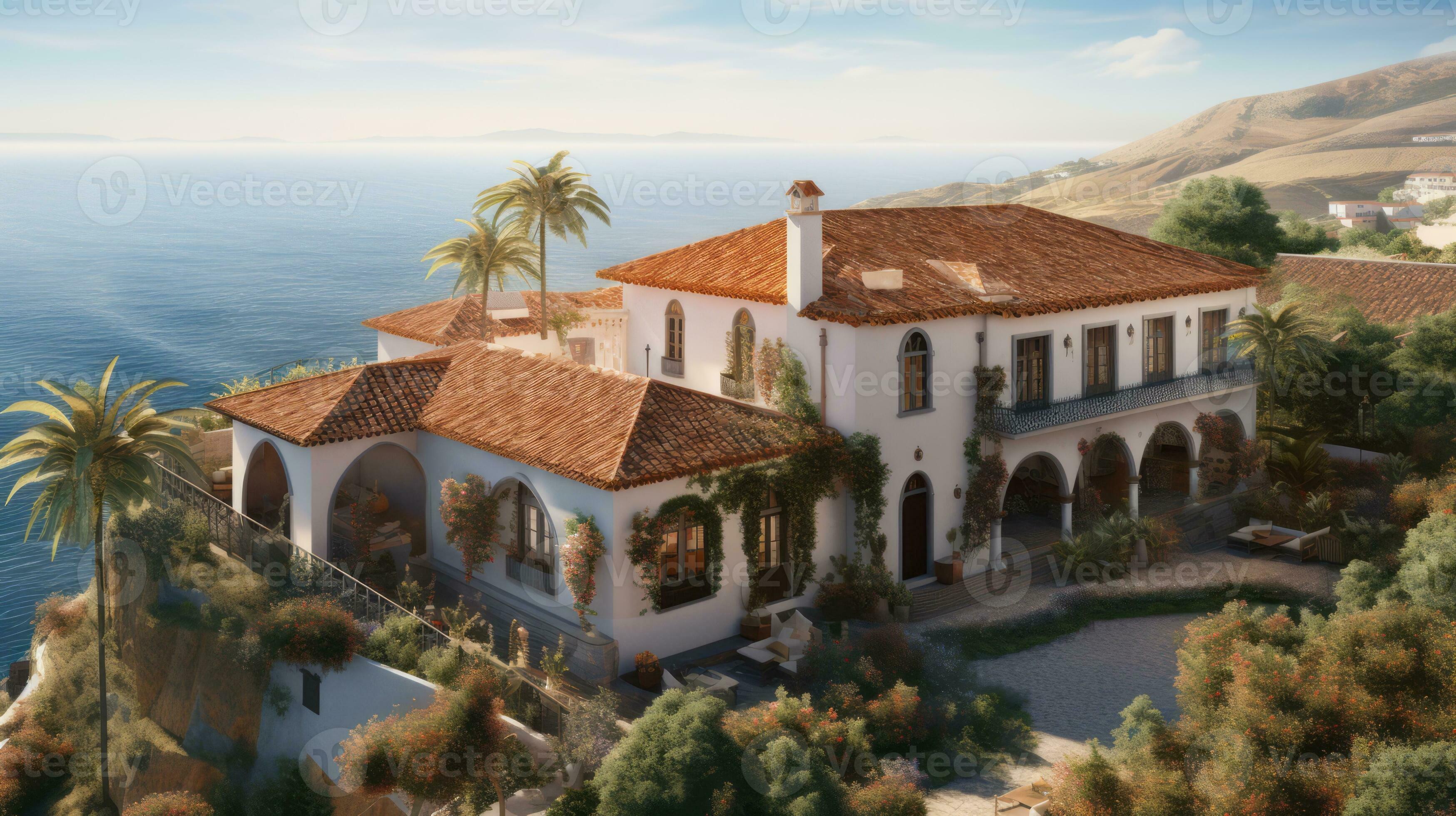 Luxurious American Spanishstyle villa nestled on a hilltop, offering