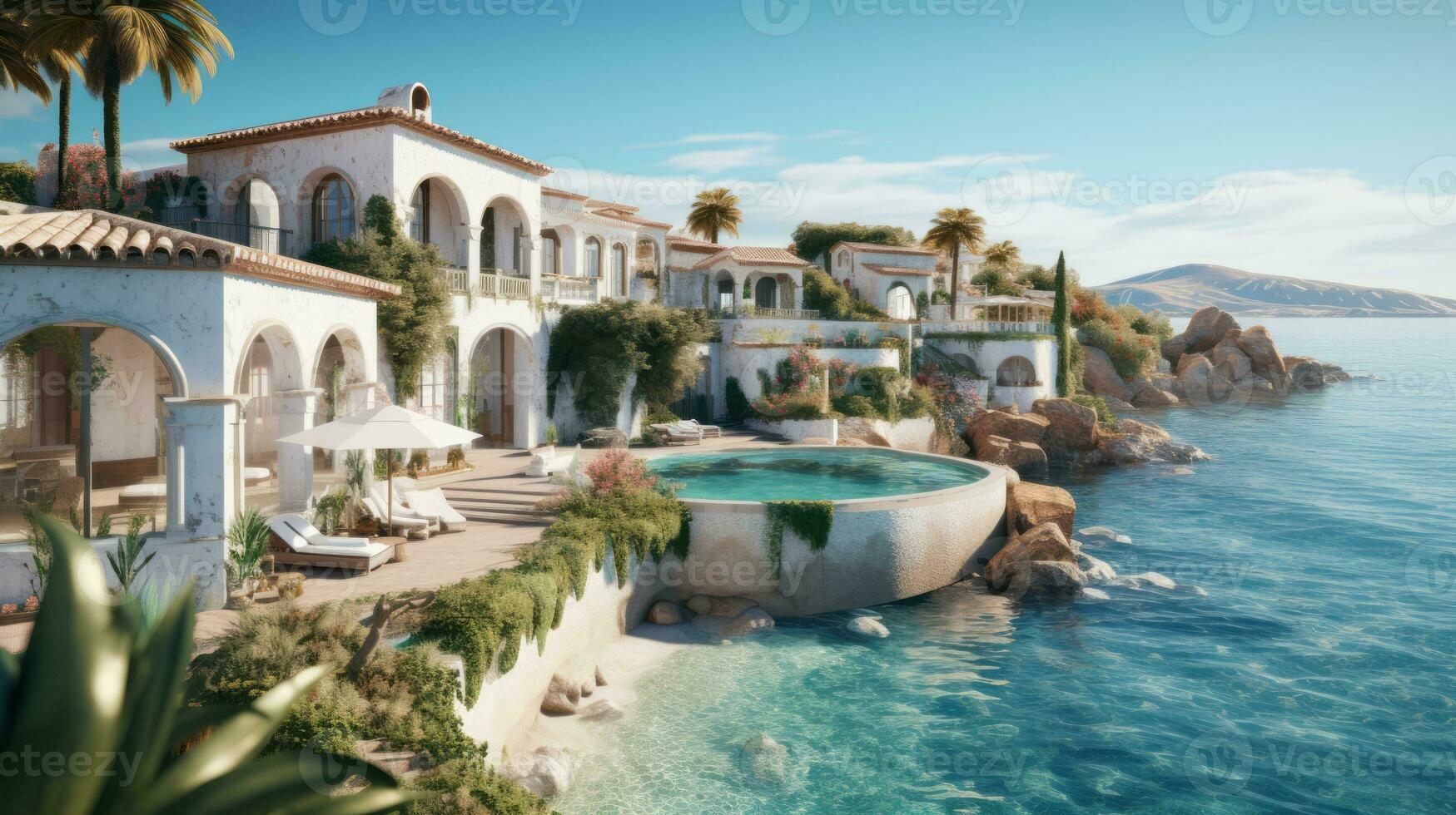 Elegant Spanish-style villa with a private path leading directly to the sandy shores, boasting beautiful terraces, colorful tiles, and a pristine infinity pool. Generative Ai photo