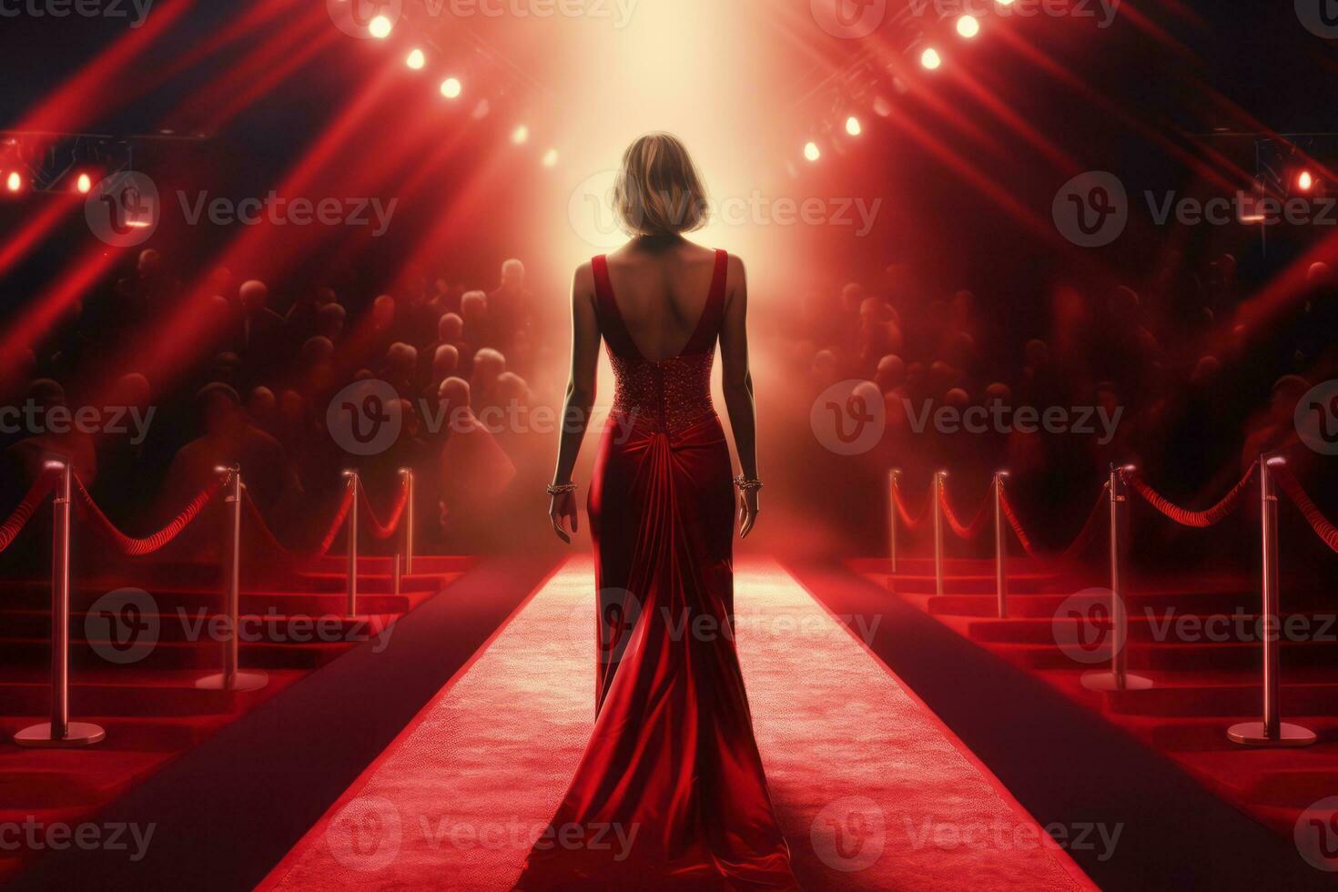 A back view of glamourous female celebrity posing for paparazzi pictures on the red carpet at an awards show. Generative Ai photo
