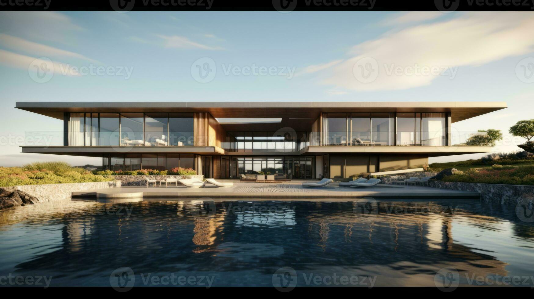 A contemporary image of a sleek and stylish villa with large glass windows, allowing abundant natural light and offering uninterrupted views of the ocean. Generative Ai photo