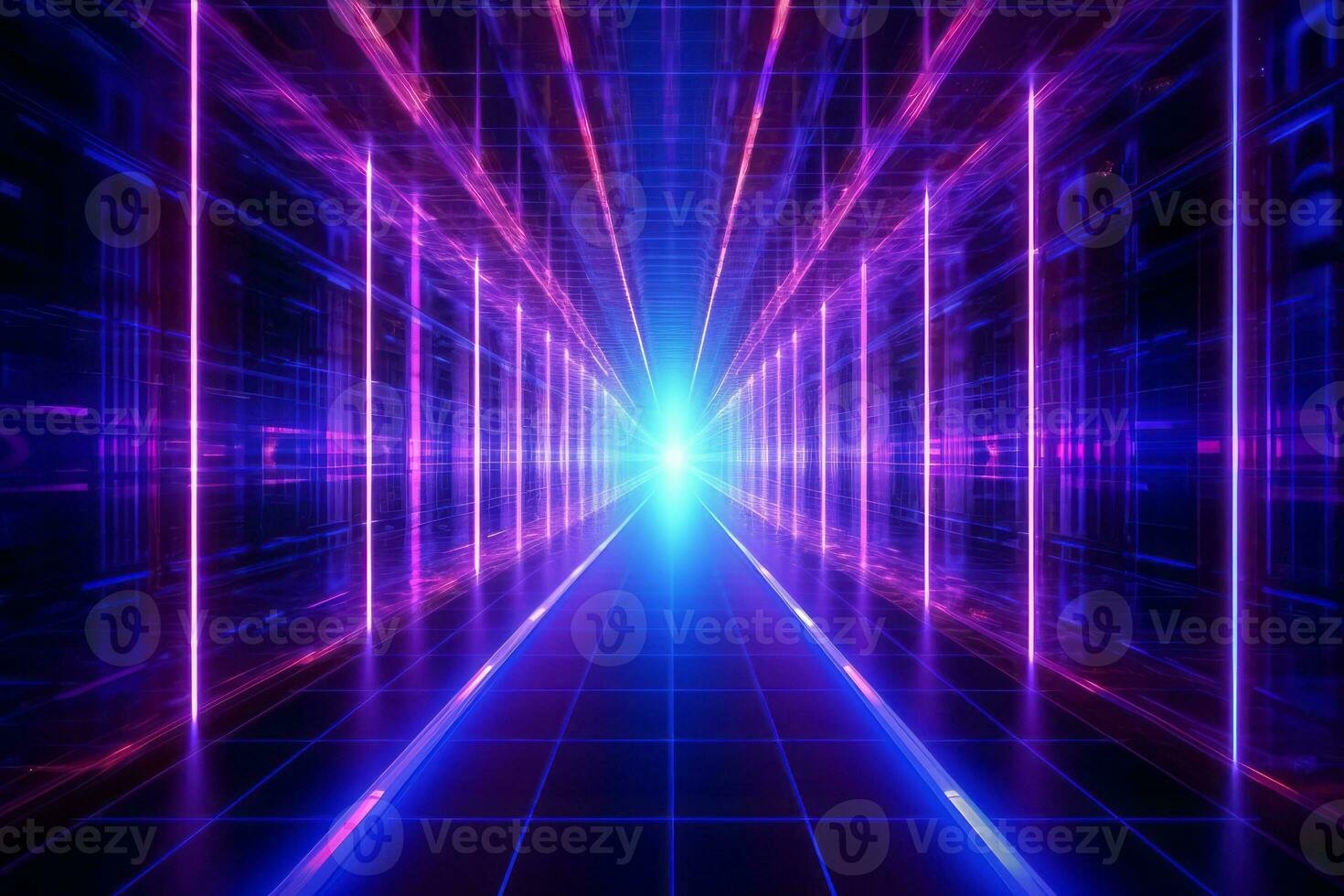 Futuristic technology lines for network, big data, data center, server, internet, speed. Neon lights into digital technology tunnel. Generative AI photo