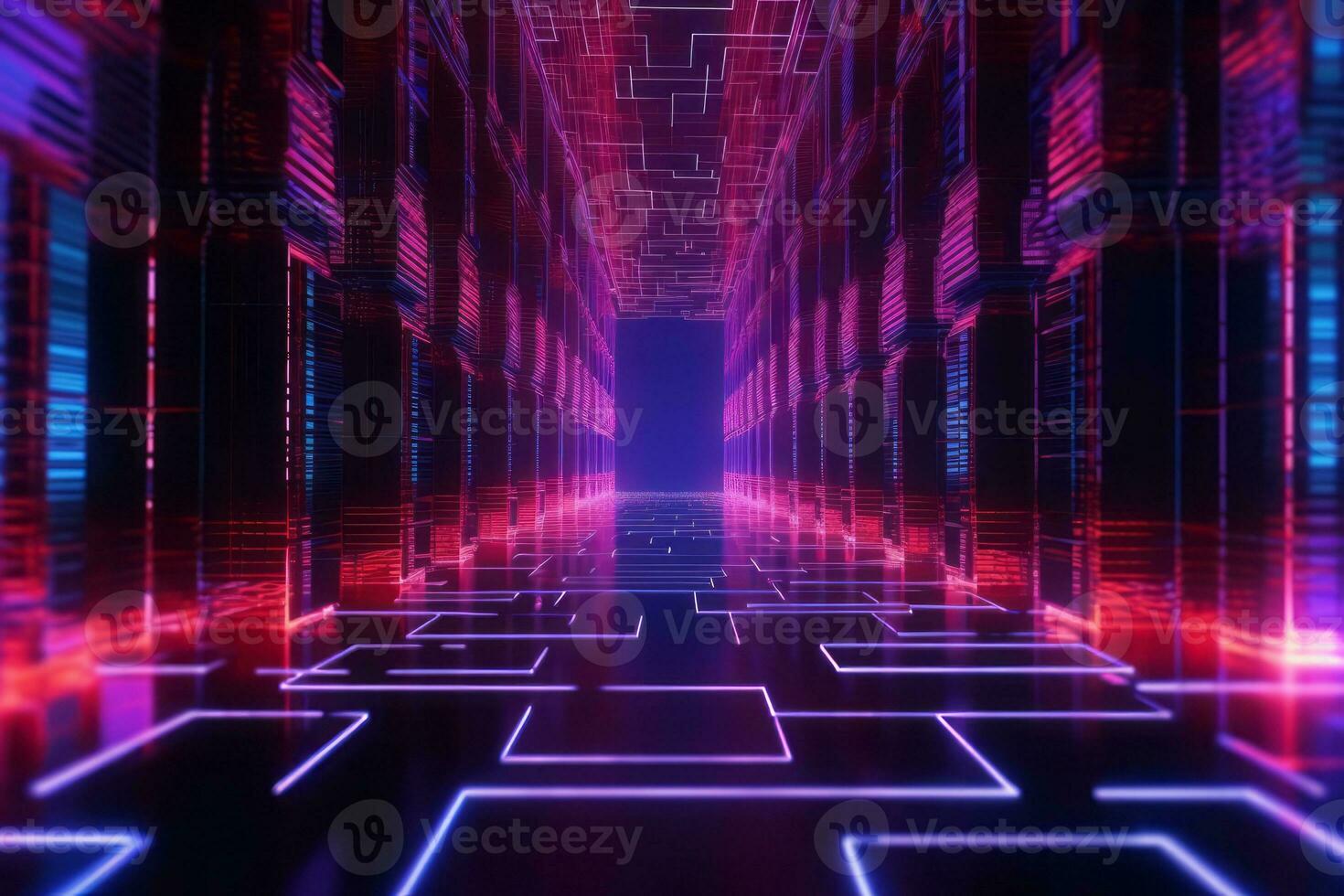 Futuristic technology lines for network, big data, data center, server, internet, speed. Neon lights into digital technology tunnel. Generative AI photo