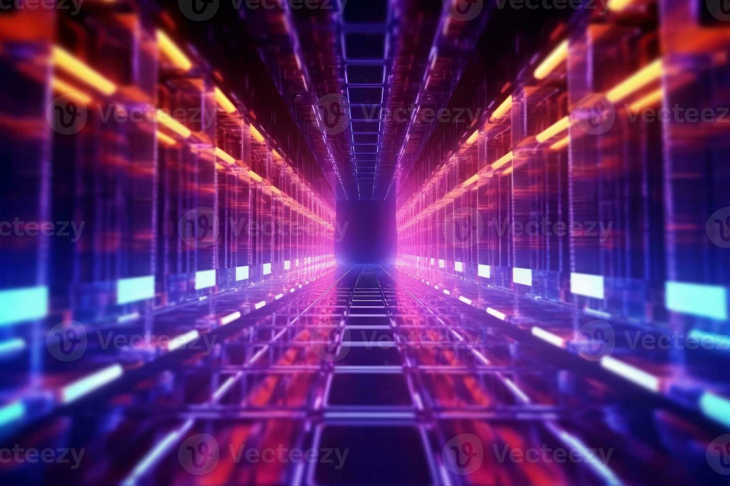 Futuristic technology lines for network, big data, data center, server, internet, speed. Neon lights into digital technology tunnel. Generative AI photo