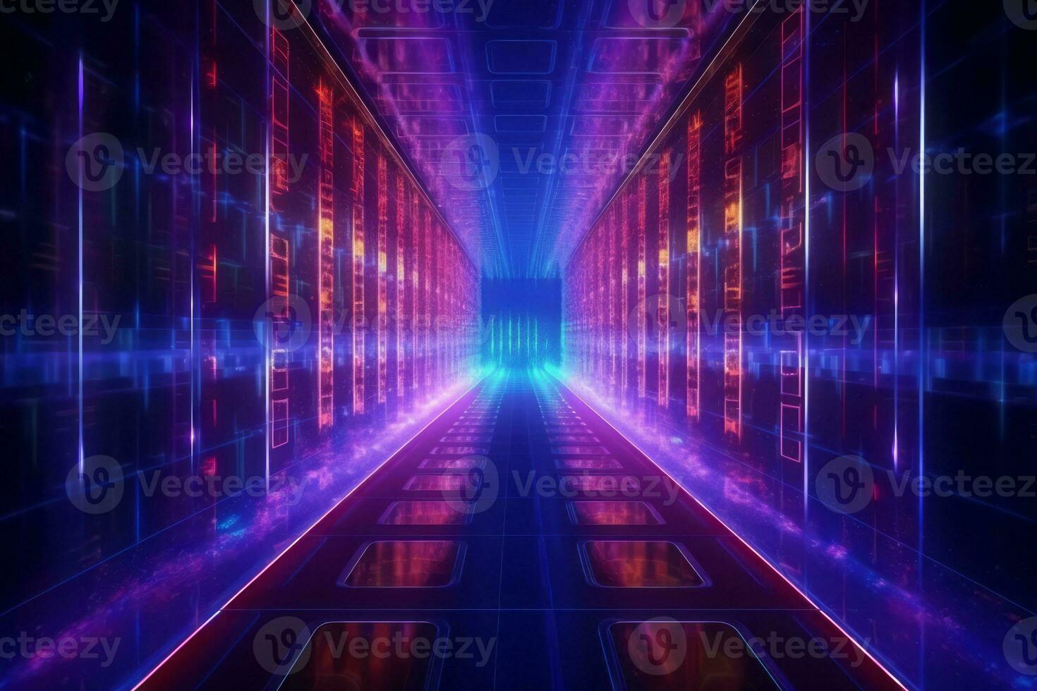 Futuristic technology lines for network, big data, data center, server, internet, speed. Neon lights into digital technology tunnel. Generative AI photo