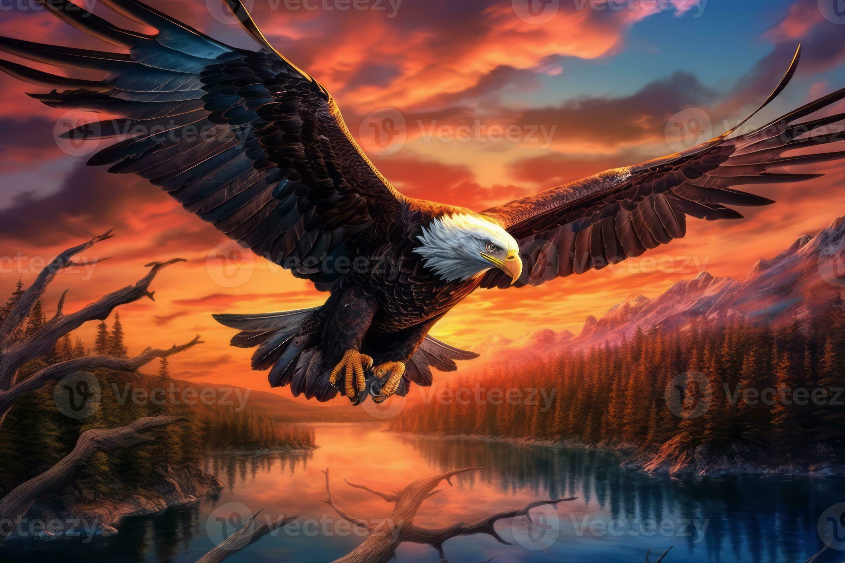 An epic image of a majestic Bald Eagle soaring through the sky