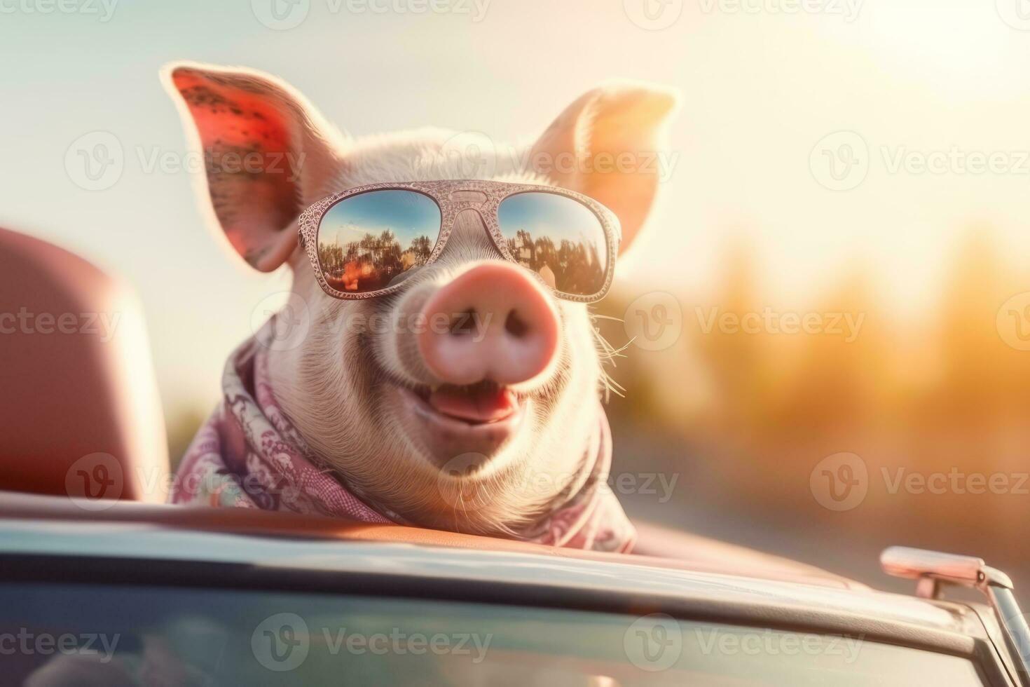 Happy piggy with sunglasses and with head out of the car window having fun. Enyoj vacancy trip. Generative AI. photo