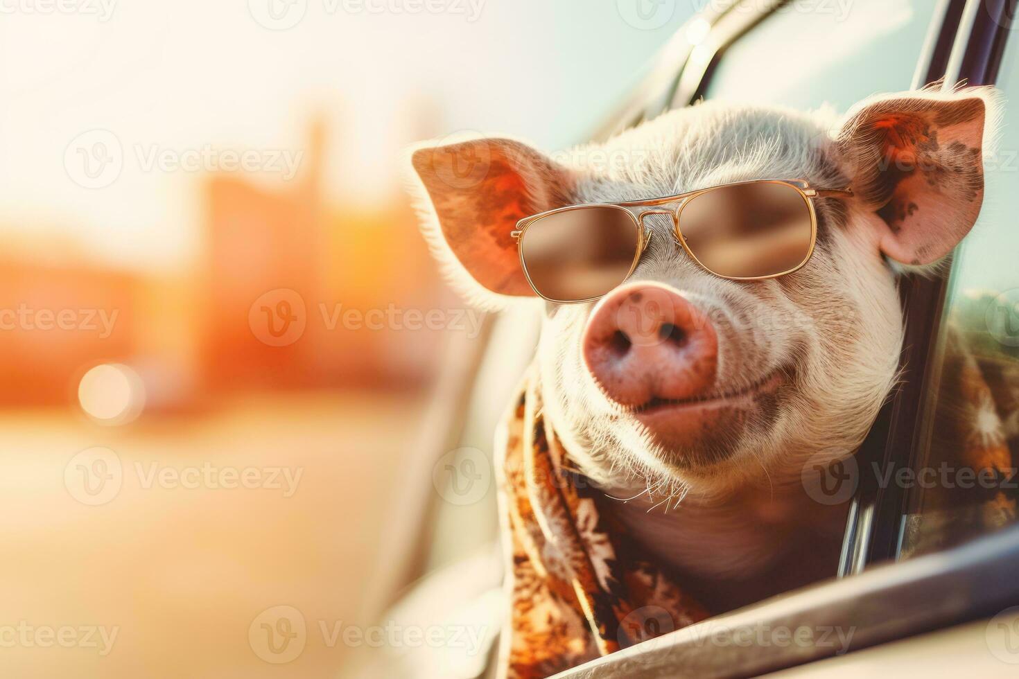 Happy piggy with sunglasses and with head out of the car window having fun. Enyoj vacancy trip. Generative AI. photo
