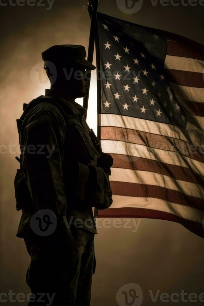 Silhouette of a soldier in uniform, with the American flag in the background, portraying strength and dedication to duty. Greeting card for Veterans Day, Memorial Day, Independence Day. Generative AI photo