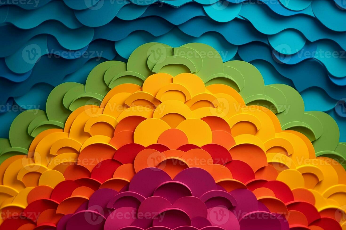 Vibrant paper art style shapes arranged in the form of a pride rainbow, representing inclusivity and diversity. background layers. Vector illustration. Generative Ai photo