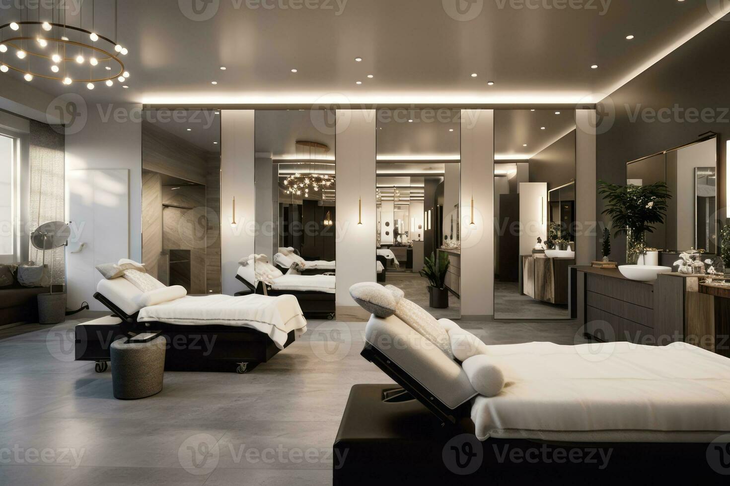 An image capturing the serene and luxurious ambiance of a salon, scalp massages, and overall relaxation. Generative AI photo