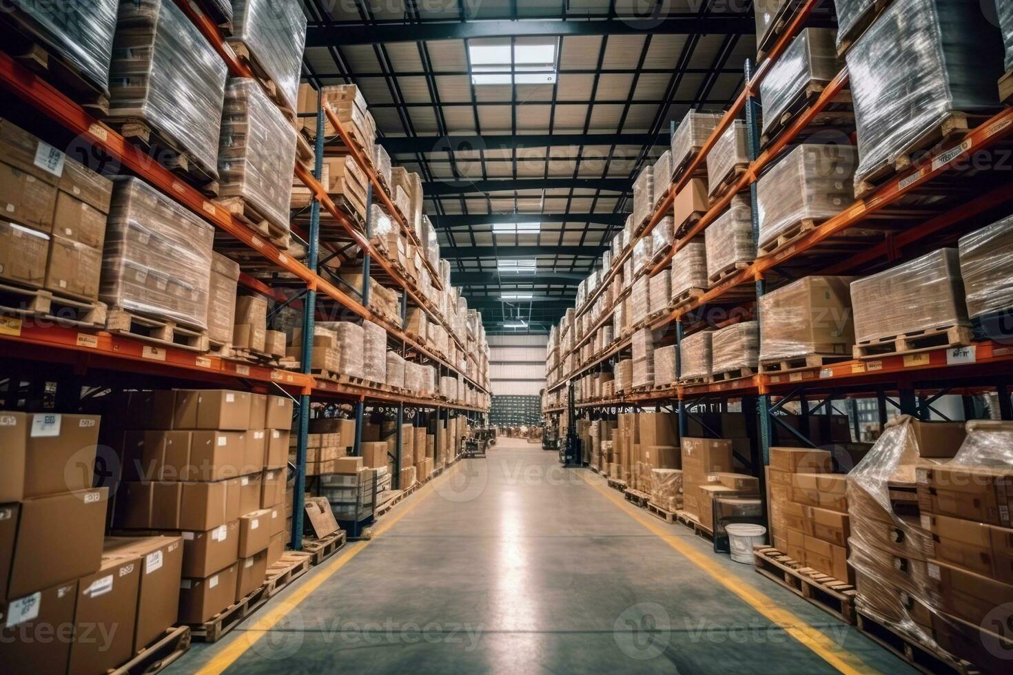 Retail Warehouse full of Shelves with Goods in Cardboard Boxes and Packages. Logistics, Sorting and Distribution Facility for Product Delivery. Generative Ai photo