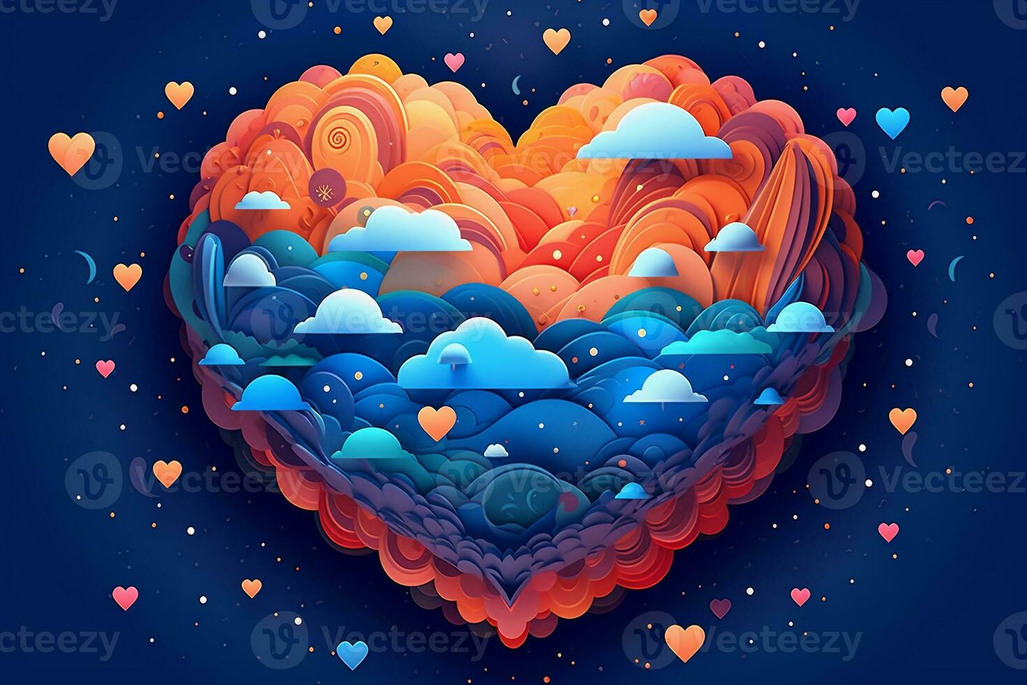Paper cut art style heart-shaped planet floating in a surreal sky, with colorful constellations surrounding it, portraying a love that transcends boundaries. Generative AI photo
