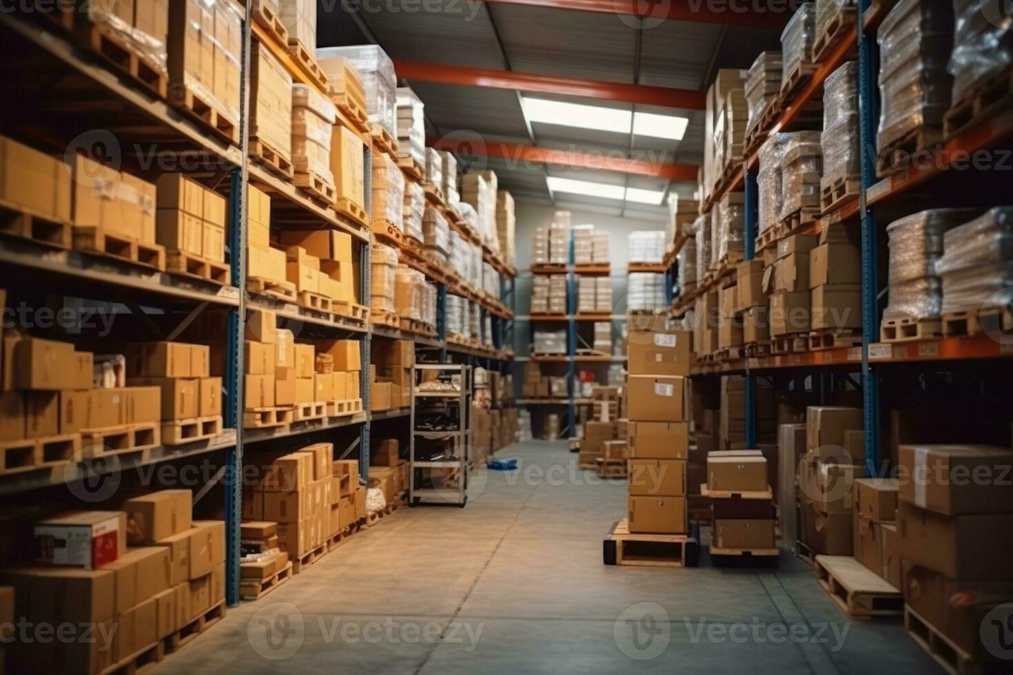 Retail Warehouse full of Shelves with Goods in Cardboard Boxes and Packages. Logistics, Sorting and Distribution Facility for Product Delivery. Generative Ai photo