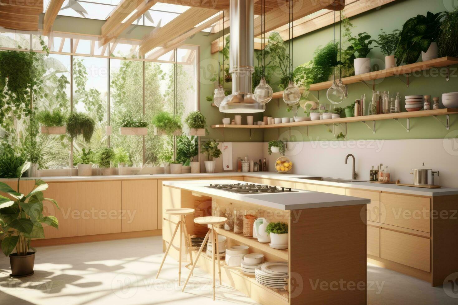 Modern kitchen with aloe vera-inspired design, featuring green accents,  herb gardens, and fresh produce, evoking a sense of health and vitality in  the culinary space. Generative Ai 30592253 Stock Photo at Vecteezy