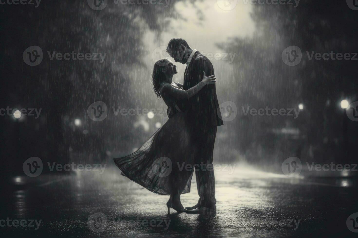 Couple dancing or embracing passionately in the rain. Generative Ai photo