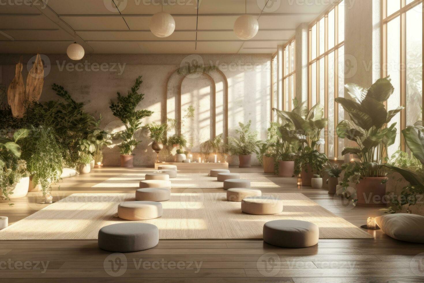 Yoga studio designed with aloe vera elements, featuring natural materials, soft lighting, and a serene ambiance that encourages mindfulness and holistic well-being. Generative Ai photo