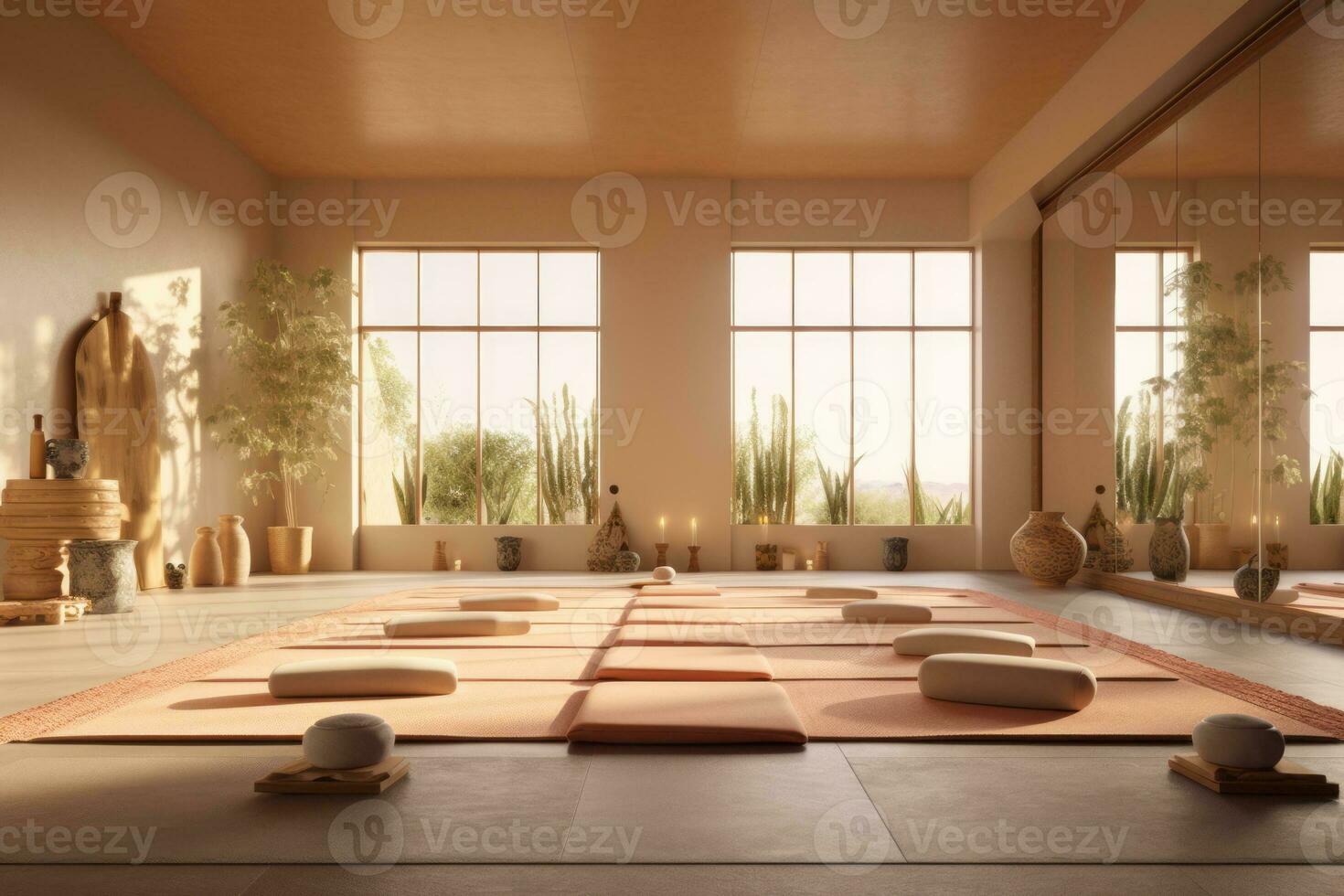 Yoga studio designed with aloe vera elements, featuring natural materials, soft lighting, and a serene ambiance that encourages mindfulness and holistic well-being. Generative Ai photo