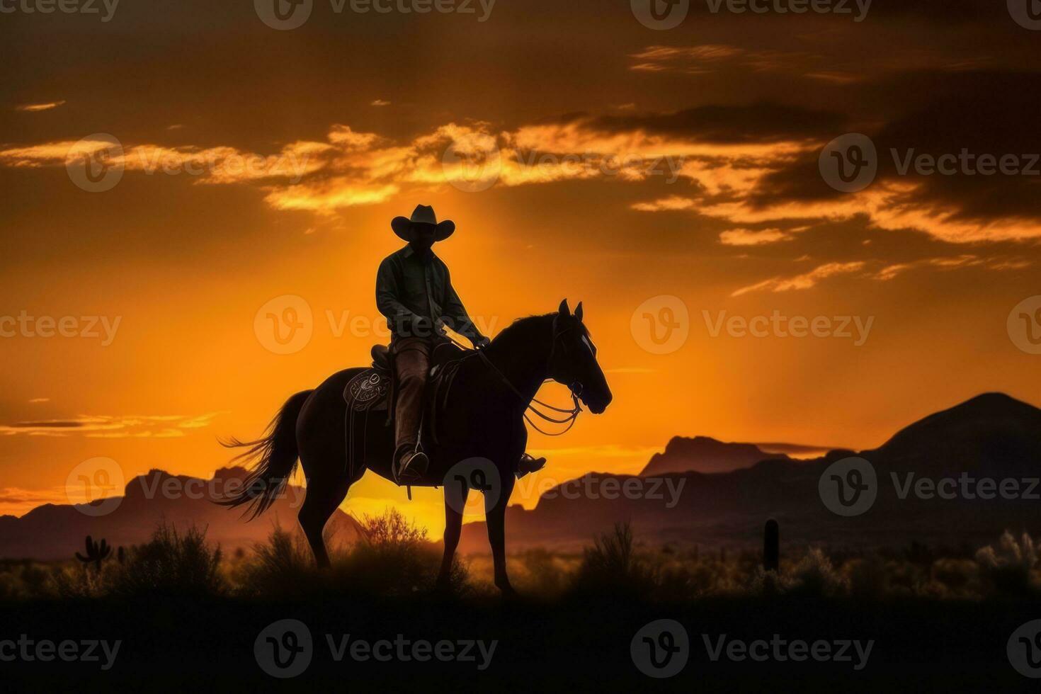 A silhouette of a cowboy riding against a vibrant sunset, capturing the beauty and solitude of the Western frontier. Generative Ai photo