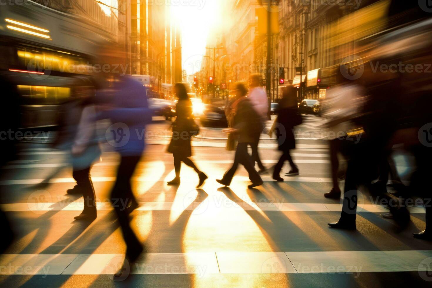 A blurred motion shot of people walking through a busy city street, conveying the dynamic and energetic atmosphere of urban life. Generative AI photo