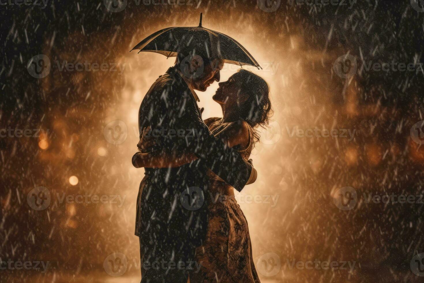 Couple dancing or embracing passionately in the rain. Generative Ai photo