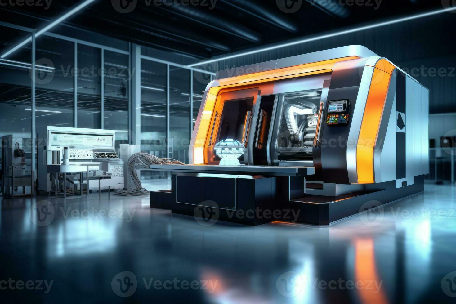 State of the art of CNC machine, surrounded by advanced technology and illustrating the cutting - edge nature of the manufacturing industry. Generative Ai photo