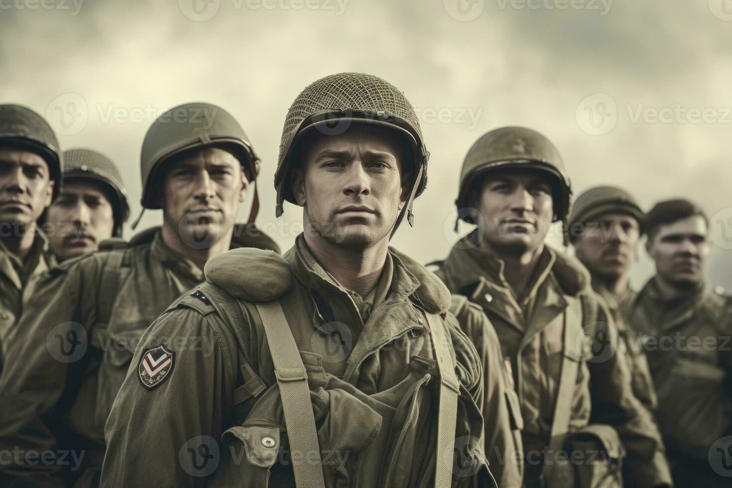 A powerful image showcasing a group of soldiers during second world war, standing together in a pose that represents unity, camaraderie, and resilience. Generative Ai photo