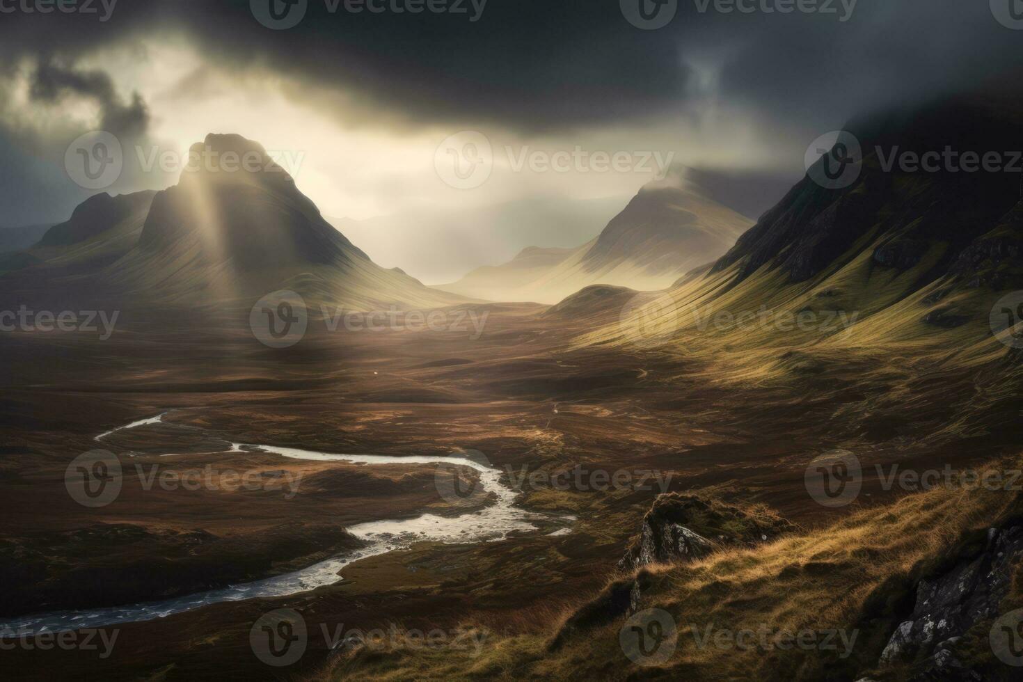 Mystical landscape of the Scottish Highlands, with rolling hills, mist-covered mountains, and a sense of ancient magic and mystery. Generative AI photo