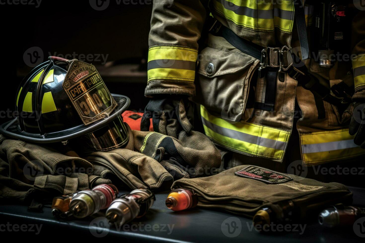 close-up image of a firefighter's gear, focusing on their helmet, gloves, boots, and tools, conveying the preparedness and professionalism of the firefighting team. Generative Ai photo