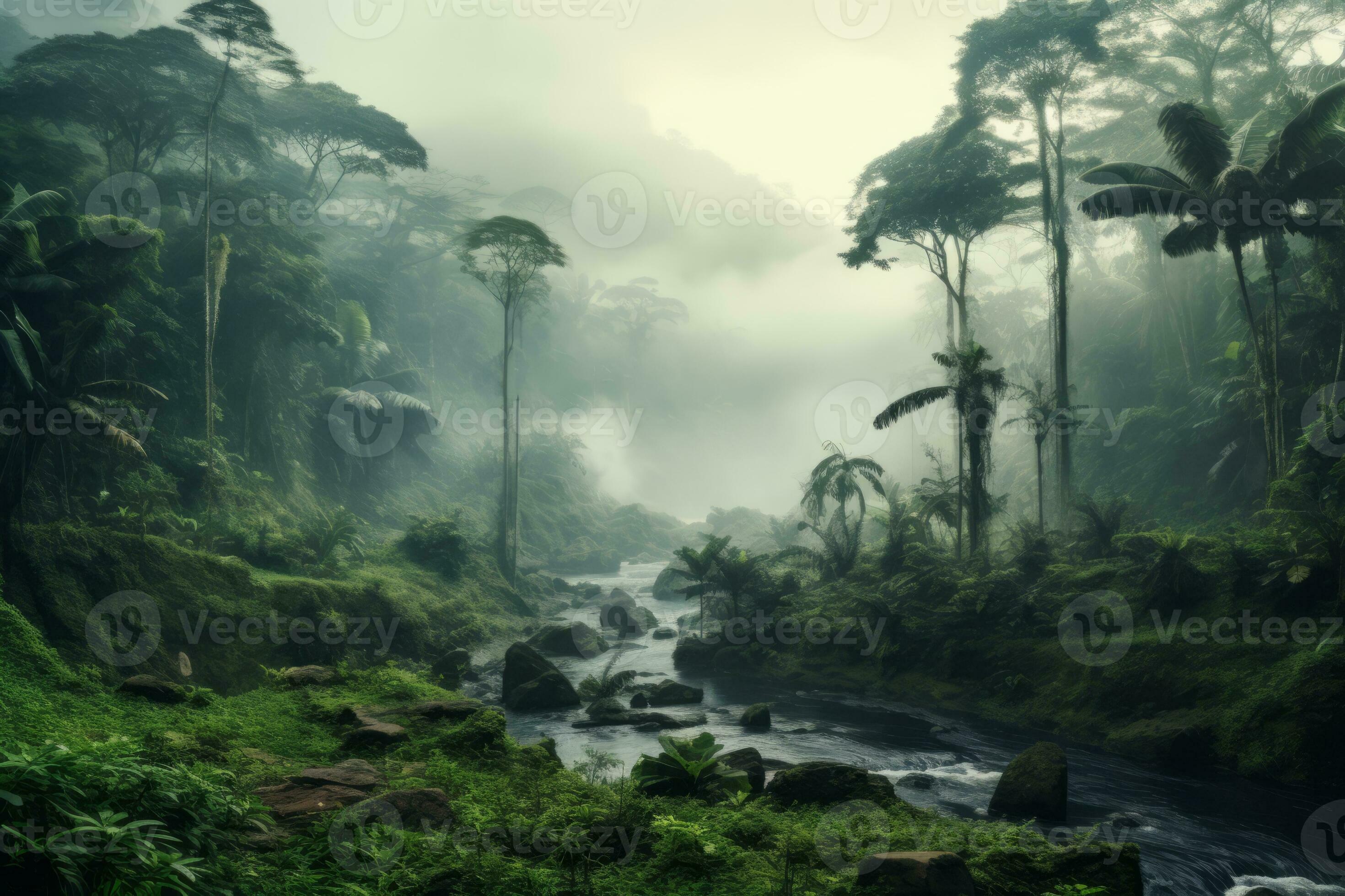 Ethereal beauty of the  rainforest on a misty morning, with trees  partially covered in fog, Generative Ai 30592426 Stock Photo at Vecteezy