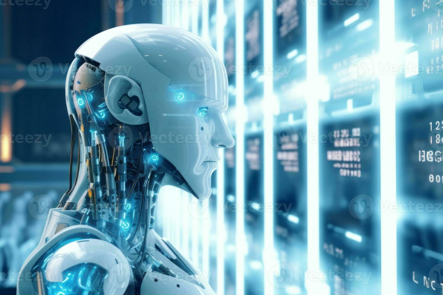 Robot using computer software for gpt binary coding in server room. Generative AI photo