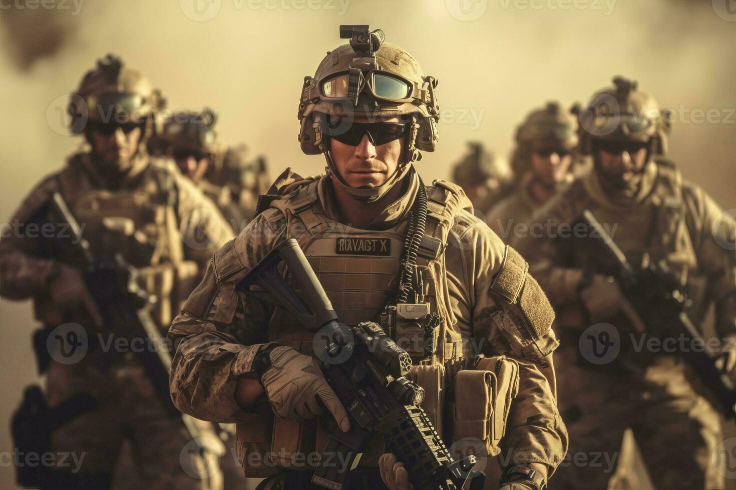Group of soldiers in tactical formation, ready for a mission, conveying a sense of strength and determination. Generative Ai photo