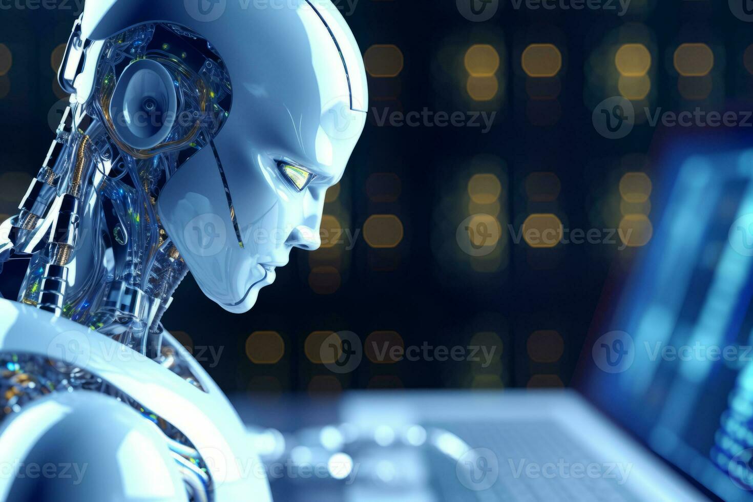 Robot using computer software for gpt binary coding in server room. Generative AI photo