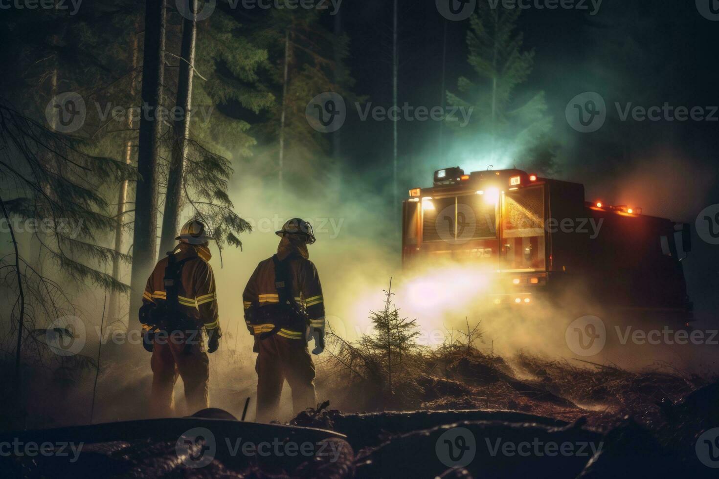 Firefighters using powerful floodlights to battle a forest fire during the night, creating a sense of urgency and highlighting their round-the-clock commitment. Generative Ai photo