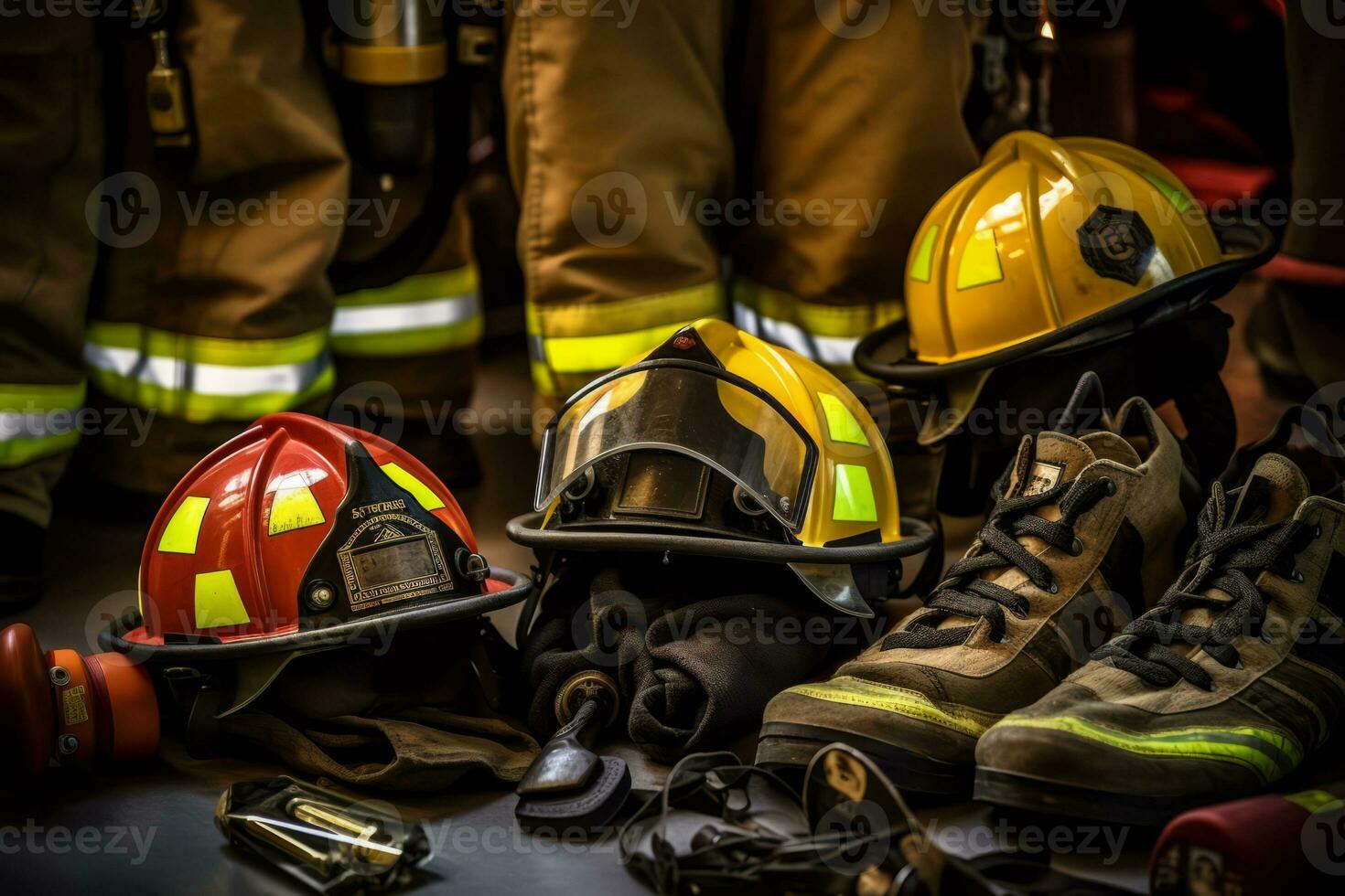 close-up image of a firefighter's gear, focusing on their helmet, gloves, boots, and tools, conveying the preparedness and professionalism of the firefighting team. Generative Ai photo