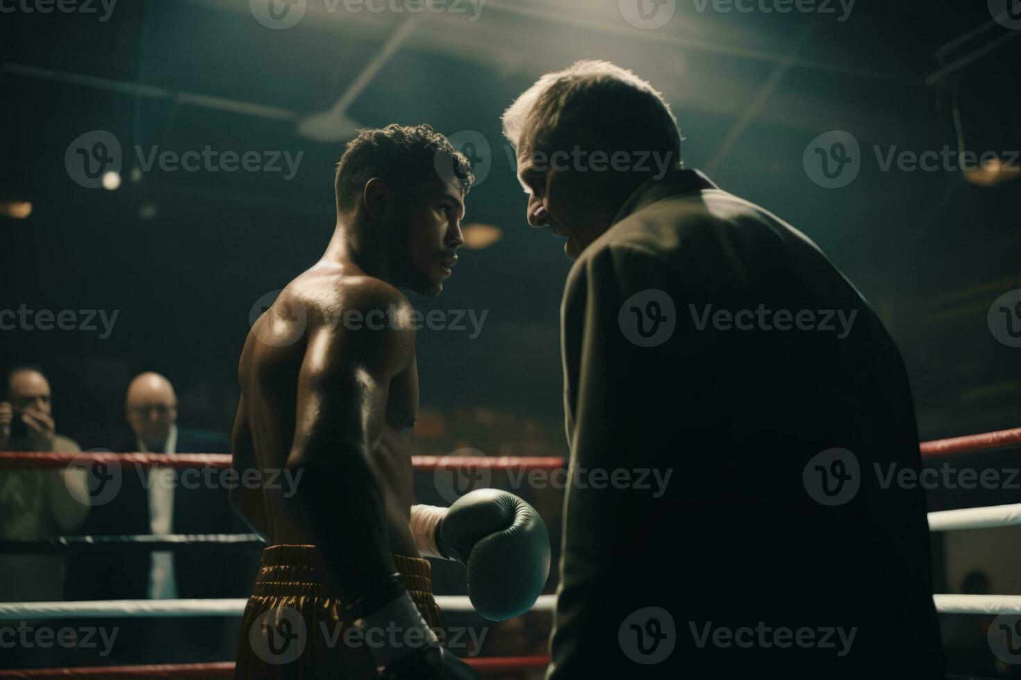 A dramatic image showcasing of boxer receiving advice in the corner of the boxing ring between rounds. Generative AI photo