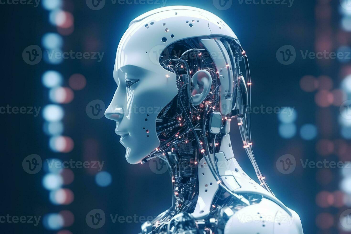 Robot using computer software for gpt binary coding in server room. Generative AI photo