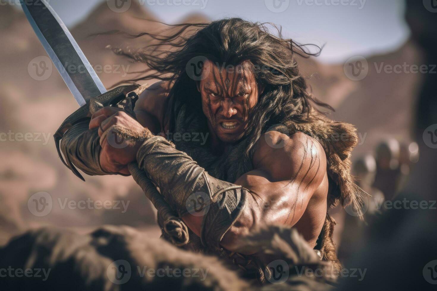 A dynamic image depicting barbarian engaged in a fierce battle, wielding his iconic sword and displaying his combat skills. Generative AI photo