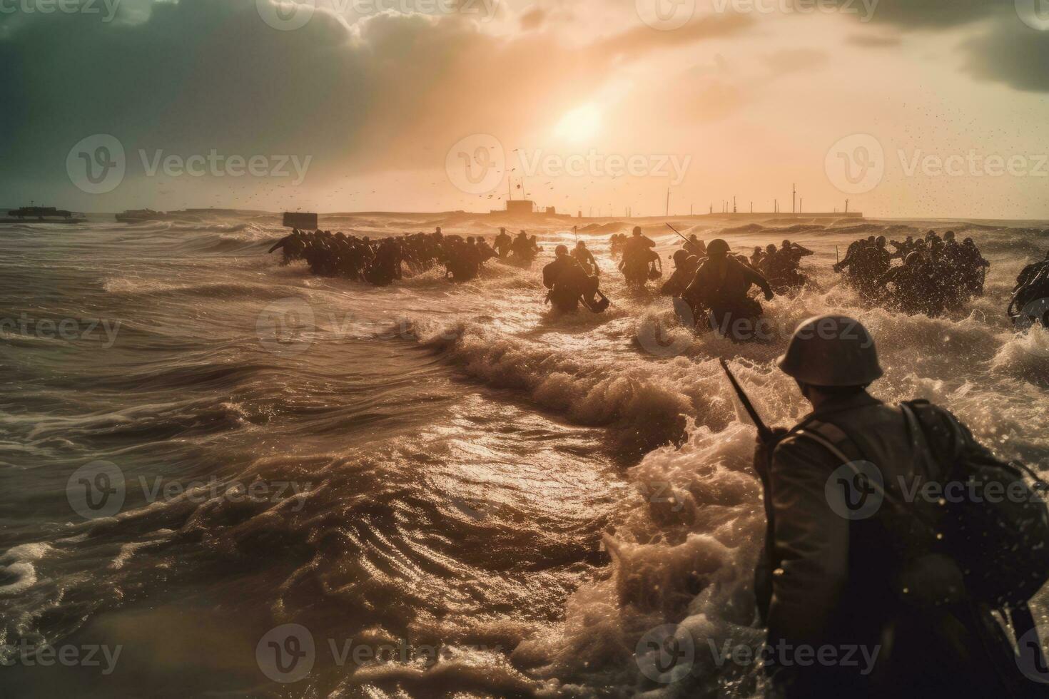A dynamic impactful image capturing the chaos and bravery of the soldiers storming the beaches of Normandy during the intense D-Day invasion. Generative AI photo
