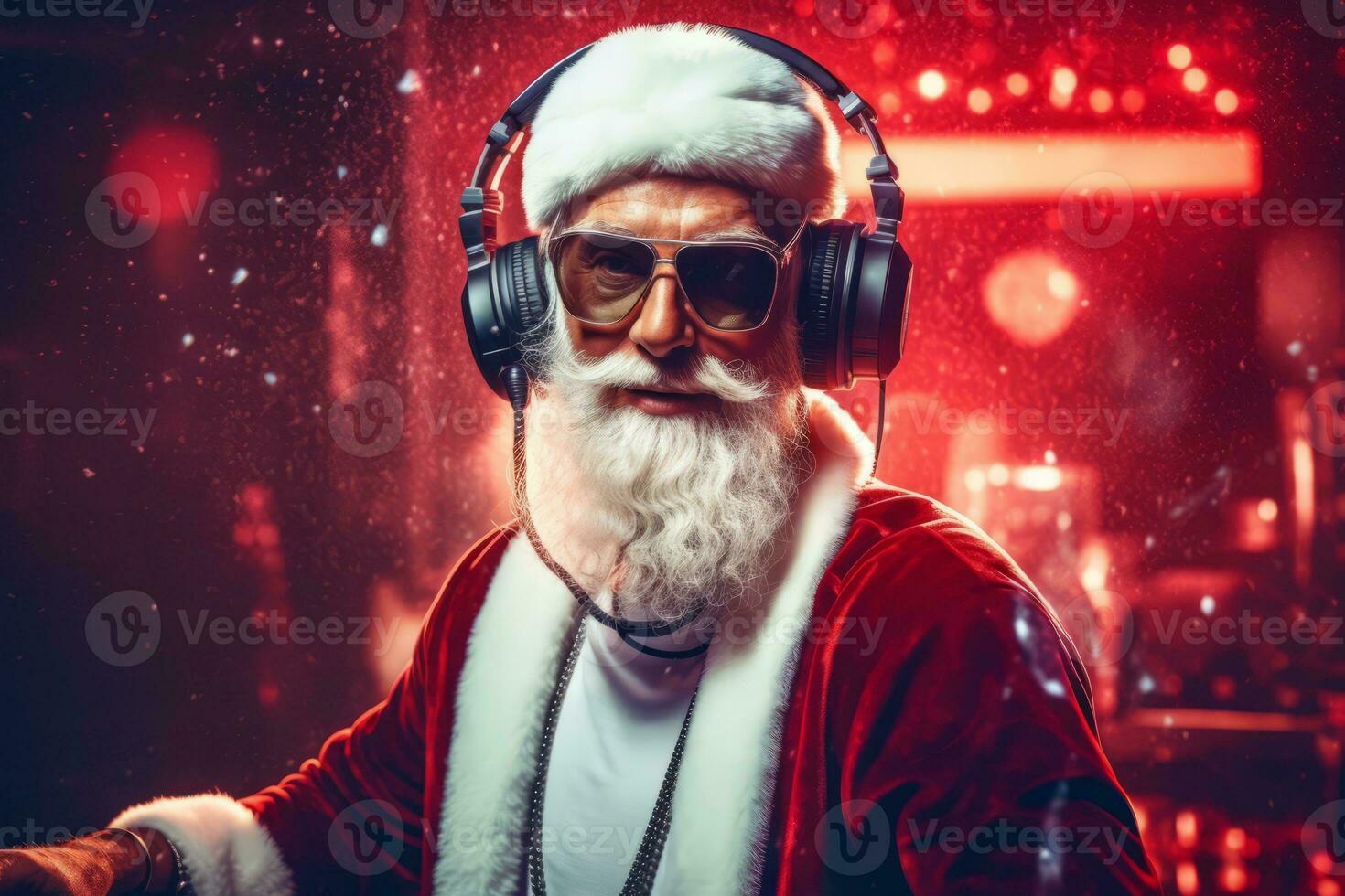 A lively and festive Christmas party with a Santa Claus DJ wearing headphones and glasses. He is standing behind a DJ mixer playing music. Red background, with a yellow light shining. Generative AI photo