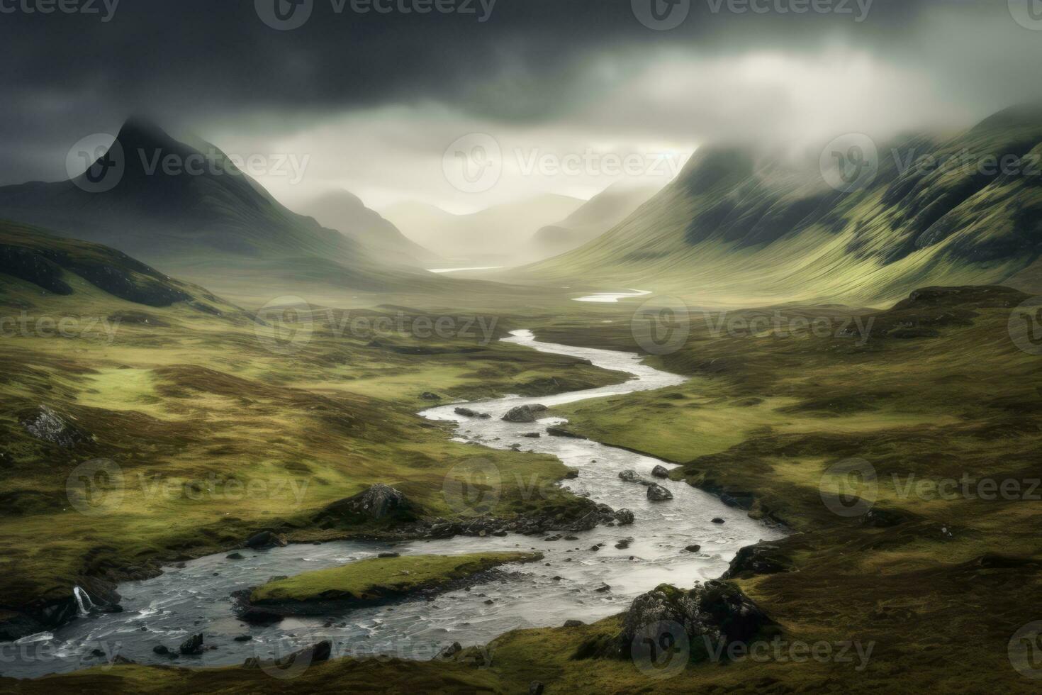 Mystical landscape of the Scottish Highlands, with rolling hills, mist-covered mountains, and a sense of ancient magic and mystery. Generative AI photo