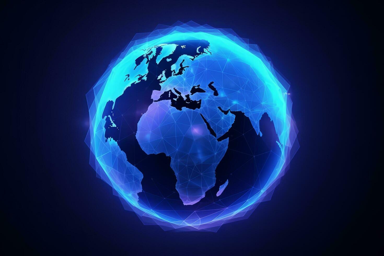 Holographic Glowing blue polygonal globe hologram on dark backdrop. Generative Ai photo