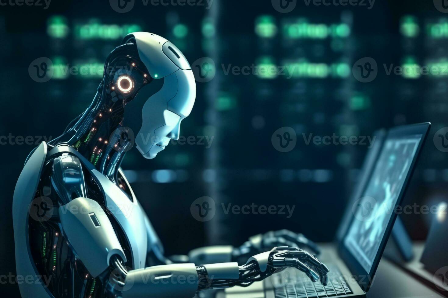 Robot using computer software for gpt binary coding in server room. Generative AI photo