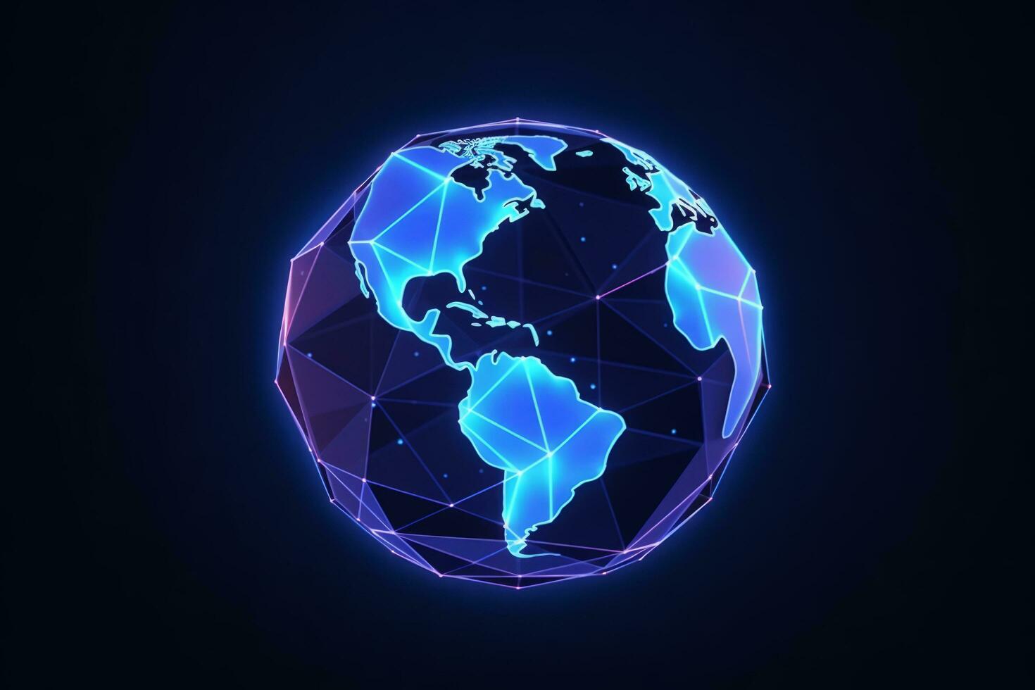 Holographic Glowing blue polygonal globe hologram on dark backdrop. Generative Ai photo