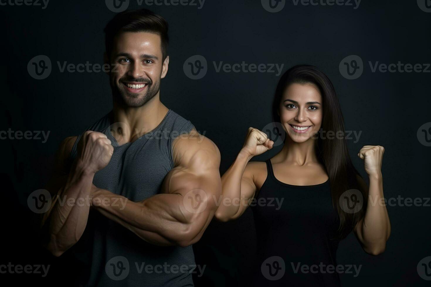 Smiling athletic couple poses and show their perfect body muscles. Generative AI photo