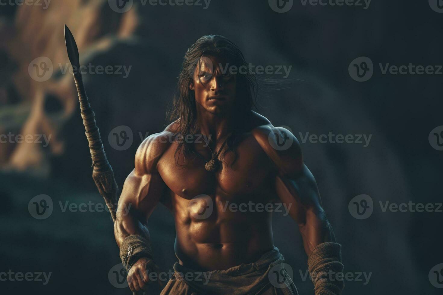 Barbarian in a powerful and commanding pose, showcasing his impressive physique and warrior spirit. Generative Ai photo